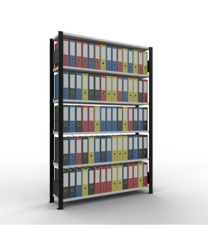Büroregal Steckregal Grundregal 2000x1300x300 mm, 6 Fachböden, 85 kg Fachlast, Kreuzstrebe, schwarz/RAL 7035 lichtgrau, mit Anschlagleiste