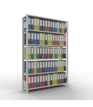 Büroregal Steckregal Grundregal 2000x1300x300 mm, 6 Fachböden, 85 kg Fachlast, Kreuzstrebe, RAL 7035 lichtgrau, mit Anschlagleiste