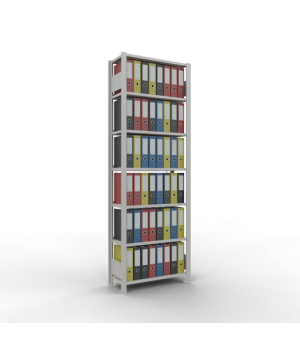 Büroregal Steckregal Grundregal 2300x750x300 mm, 7 Fachböden, 85 kg Fachlast, Kreuzstrebe, RAL 7035 lichtgrau, mit Anschlagleiste