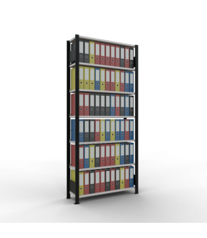 Büroregal Steckregal Grundregal 2300x1000x300 mm, 7 Fachböden, 85 kg Fachlast, Kreuzstrebe, schwarz/RAL 7035 lichtgrau, mit Anschlagleiste
