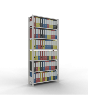 Büroregal Steckregal Grundregal 2300x1000x300 mm, 7 Fachböden, 85 kg Fachlast, Kreuzstrebe, RAL 7035 lichtgrau, mit Anschlagleiste