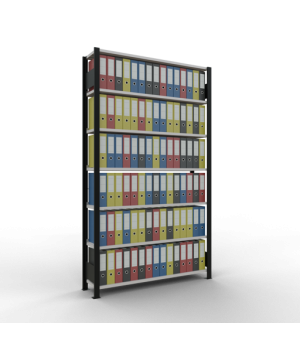 Büroregal Steckregal Grundregal 2300x1300x300 mm, 7 Fachböden, 85 kg Fachlast, Kreuzstrebe, schwarz/RAL 7035 lichtgrau, mit Anschlagleiste