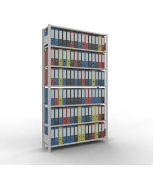 Büroregal Steckregal Grundregal 2300x1300x300 mm, 7 Fachböden, 85 kg Fachlast, Kreuzstrebe, RAL 7035 lichtgrau, mit Anschlagleiste