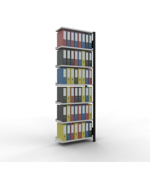 Büroregal Steckregal Anbauregal 2300x750x300 mm, 7 Fachböden, 85 kg Fachlast, Kreuzstrebe, schwarz/RAL 7035 lichtgrau, mit Anschlagleiste