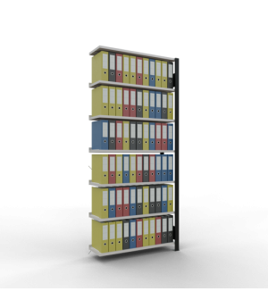 Büroregal Steckregal Anbauregal 2300x1000x300 mm, 7 Fachböden, 85 kg Fachlast, Kreuzstrebe, schwarz/RAL 7035 lichtgrau, mit Anschlagleiste