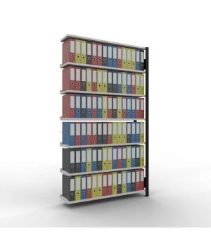 Büroregal Steckregal Anbauregal 2300x1300x300 mm, 7 Fachböden, 85 kg Fachlast, Kreuzstrebe, schwarz/RAL 7035 lichtgrau, mit Anschlagleiste