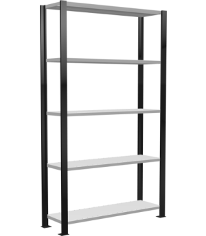 Büroregal Steckregal Grundregal 1800x1000x300 mm, 5 Fachböden, 85 kg Fachlast, Kreuzstrebe, schwarz/RAL 7035 lichtgrau, ohne Anschlagleiste, T-Profil Ständerrahmen MULTIplus vormontiert