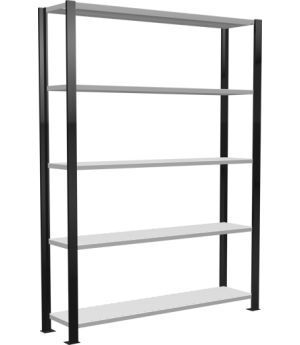 Büroregal Steckregal Grundregal 1800x1300x300 mm, 5 Fachböden, 85 kg Fachlast, Kreuzstrebe, schwarz/RAL 7035 lichtgrau, ohne Anschlagleiste, T-Profil Ständerrahmen MULTIplus vormontiert