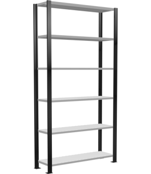 Büroregal Steckregal Grundregal 2000x1000x300 mm, 6 Fachböden, 85 kg Fachlast, Kreuzstrebe, schwarz/RAL 7035 lichtgrau, ohne Anschlagleiste, T-Profil Ständerrahmen MULTIplus vormontiert