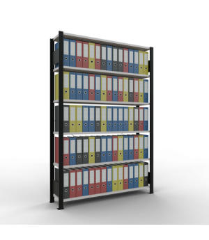 Büroregal Steckregal Grundregal 2000x1300x300 mm, 6 Fachböden, 85 kg Fachlast, Kreuzstrebe, schwarz/RAL 7035 lichtgrau, ohne Anschlagleiste
