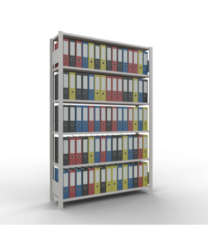 Büroregal Steckregal Grundregal 2000x1300x300 mm, 6 Fachböden, 85 kg Fachlast, Kreuzstrebe, RAL 7035 lichtgrau, ohne Anschlagleiste