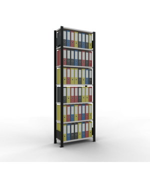 Büroregal Steckregal Grundregal 2300x750x300 mm, 7 Fachböden, 85 kg Fachlast, Kreuzstrebe, schwarz/RAL 7035 lichtgrau, ohne Anschlagleiste