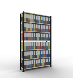 Büroregal Steckregal Grundregal 2300x1300x300 mm, 7 Fachböden, 85 kg Fachlast, Kreuzstrebe, schwarz/RAL 7035 lichtgrau, ohne Anschlagleiste