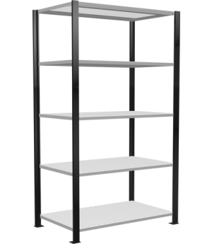 Büroregal Steckregal Grundregal 1800x1000x600 mm, 5 Fachböden, 150 kg Fachlast, Längenriegel, schwarz/RAL 7035 lichtgrau, mit Mittelanschlag, T-Profil Ständerrahmen MULTIplus vormontiert