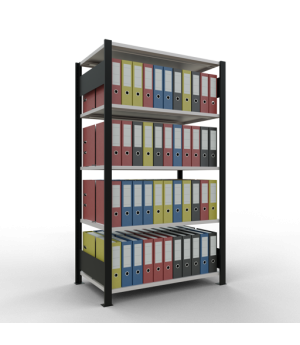 Büroregal Steckregal Grundregal 1800x1000x600 mm, 5 Fachböden, 150 kg Fachlast, Längenriegel, schwarz/RAL 7035 lichtgrau, mit Mittelanschlag