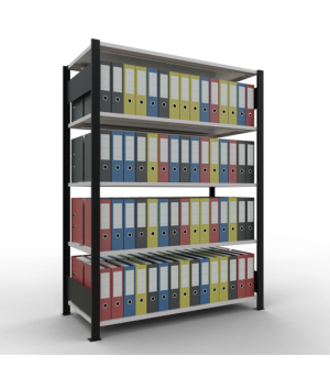 Büroregal Steckregal Grundregal 1800x1300x600 mm, 5 Fachböden, 150 kg Fachlast, Längenriegel, schwarz/RAL 7035 lichtgrau, mit Mittelanschlag