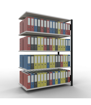 Büroregal Steckregal Anbauregal 1800x1300x600 mm, 5 Fachböden, 150 kg Fachlast, Längenriegel, schwarz/RAL 7035 lichtgrau, mit Mittelanschlag