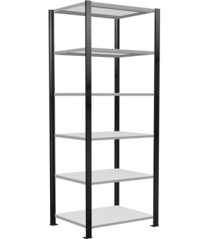 Büroregal Steckregal Grundregal 2000x750x600 mm, 6 Fachböden, 150 kg Fachlast, Längenriegel, schwarz/RAL 7035 lichtgrau, mit Mittelanschlag, T-Profil Ständerrahmen MULTIplus vormontiert