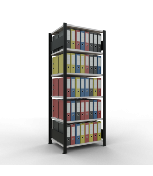 Büroregal Steckregal Grundregal 2000x750x600 mm, 6 Fachböden, 150 kg Fachlast, Längenriegel, schwarz/RAL 7035 lichtgrau, mit Mittelanschlag