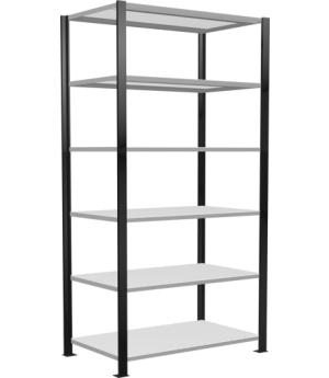 Büroregal Steckregal Grundregal 2000x1000x600 mm, 6 Fachböden, 150 kg Fachlast, Längenriegel, schwarz/RAL 7035 lichtgrau, mit Mittelanschlag, T-Profil Ständerrahmen MULTIplus vormontiert