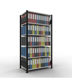 Büroregal Steckregal Grundregal 2000x1000x600 mm, 6 Fachböden, 150 kg Fachlast, Längenriegel, schwarz/RAL 7035 lichtgrau, mit Mittelanschlag