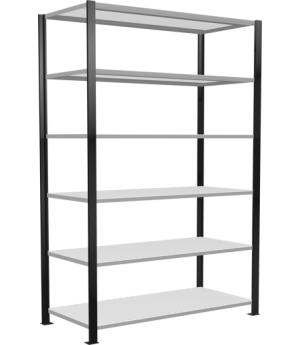 Büroregal Steckregal Grundregal 2000x1300x600 mm, 6 Fachböden, 150 kg Fachlast, Längenriegel, schwarz/RAL 7035 lichtgrau, mit Mittelanschlag, T-Profil Ständerrahmen MULTIplus vormontiert