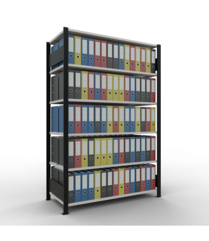 Büroregal Steckregal Grundregal 2000x1300x600 mm, 6 Fachböden, 150 kg Fachlast, Längenriegel, schwarz/RAL 7035 lichtgrau, mit Mittelanschlag