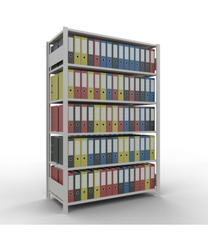 Büroregal Steckregal Grundregal 2000x1300x600 mm, 6 Fachböden, 150 kg Fachlast, Längenriegel, RAL 7035 lichtgrau, mit Mittelanschlag