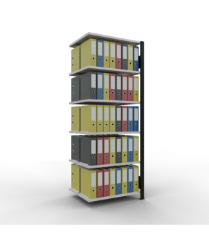 Büroregal Steckregal Anbauregal 2000x750x600 mm, 6 Fachböden, 150 kg Fachlast, Längenriegel, schwarz/RAL 7035 lichtgrau, mit Mittelanschlag