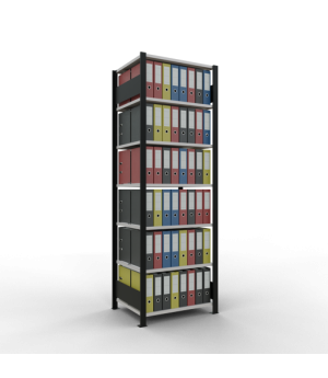 Büroregal Steckregal Grundregal 2300x750x600 mm, 7 Fachböden, 150 kg Fachlast, Längenriegel, schwarz/RAL 7035 lichtgrau, mit Mittelanschlag