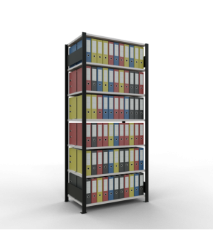 Büroregal Steckregal Grundregal 2300x1000x600 mm, 7 Fachböden, 150 kg Fachlast, Längenriegel, schwarz/RAL 7035 lichtgrau, mit Mittelanschlag