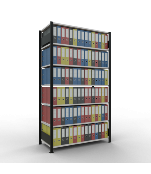 Büroregal Steckregal Grundregal 2300x1300x600 mm, 7 Fachböden, 150 kg Fachlast, Längenriegel, schwarz/RAL 7035 lichtgrau, mit Mittelanschlag