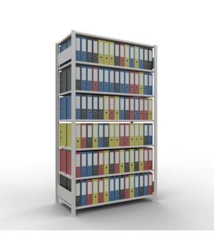 Büroregal Steckregal Grundregal 2300x1300x600 mm, 7 Fachböden, 150 kg Fachlast, Längenriegel, RAL 7035 lichtgrau, mit Mittelanschlag