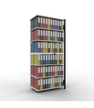 Büroregal Steckregal Anbauregal 2300x1000x600 mm, 7 Fachböden, 150 kg Fachlast, Längenriegel, schwarz/RAL 7035 lichtgrau, mit Mittelanschlag