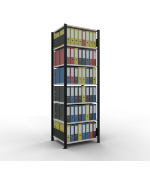 Büroregal Steckregal Grundregal 2300x750x600 mm, 7 Fachböden, 150 kg Fachlast, Längenriegel, schwarz/RAL 7035 lichtgrau, ohne Mittelanschlag