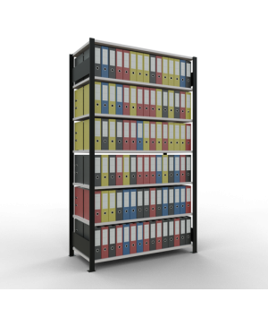 Büroregal Steckregal Grundregal 2300x1300x600 mm, 7 Fachböden, 150 kg Fachlast, Längenriegel, schwarz/RAL 7035 lichtgrau, ohne Mittelanschlag