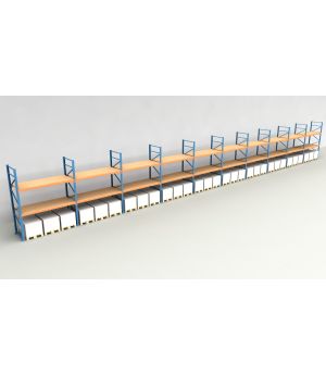 Schwerlastregal Palettenregal NEDCON 2.500x28100x1.100 mm (HxBxT), Einfachregal, 3 Lagerebenen, 3.000 kg Fachlast, mit Spanplatten