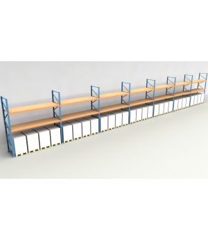 Schwerlastregal Palettenregal NEDCON 2.500x26000x1.100 mm (HxBxT), Einfachregal, 3 Lagerebenen, 3.000 kg Fachlast, mit Spanplatten