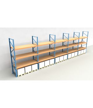 Schwerlastregal Palettenregal NEDCON 2.500x14100x1.100 mm (HxBxT), Einfachregal, 4 Lagerebenen, 3.000 kg Fachlast, mit Spanplatten