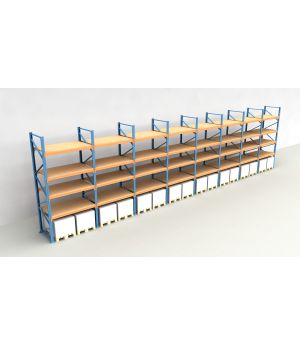 Schwerlastregal Palettenregal NEDCON 2.500x15500x1.100 mm (HxBxT), Einfachregal, 5 Lagerebenen, 3.000 kg Fachlast, mit Spanplatten