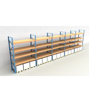 Schwerlastregal Palettenregal NEDCON 2.500x14100x1.100 mm (HxBxT), Einfachregal, 5 Lagerebenen, 3.000 kg Fachlast, mit Spanplatten