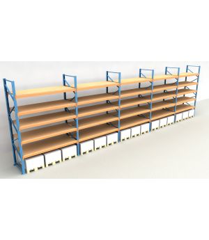 Schwerlastregal Palettenregal NEDCON 2.500x14100x1.100 mm (HxBxT), Einfachregal, 6 Lagerebenen, 3.000 kg Fachlast, mit Spanplatten