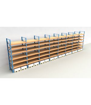 Schwerlastregal Palettenregal NEDCON 2.500x15500x1.100 mm (HxBxT), Einfachregal, 7 Lagerebenen, 3.000 kg Fachlast, mit Spanplatten