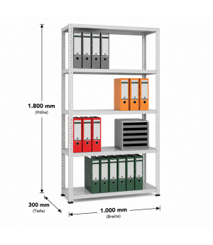 Büroregal Schraubregal Grundregal 1800x1000x300 mm, 5 Fachböden, 85 kg Fachlast, RAL 7035 lichtgrau, ohne Anschlagleiste