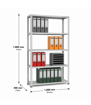 Büroregal Schraubregal Grundregal 1800x1000x300 mm, 5 Fachböden, 85 kg Fachlast, verzinkt, mit Anschlagleiste