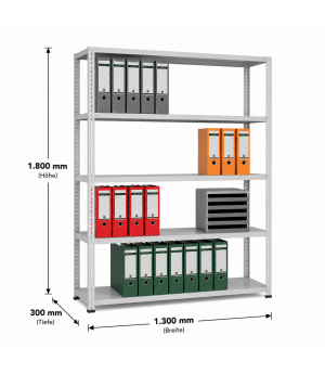 Büroregal Schraubregal Grundregal 1800x1300x300 mm, 5 Fachböden, 85 kg Fachlast, RAL 7035 lichtgrau, ohne Anschlagleiste