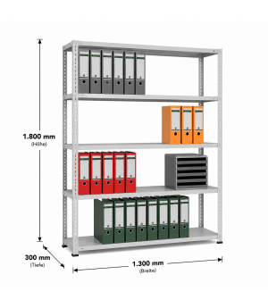 Büroregal Schraubregal Grundregal 1800x1300x300 mm, 5 Fachböden, 85 kg Fachlast, verzinkt, ohne Anschlagleiste