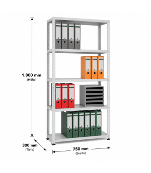 Büroregal Schraubregal Grundregal 1800x750x300 mm, 5 Fachböden, 85 kg Fachlast, RAL 7035 lichtgrau, ohne Anschlagleiste