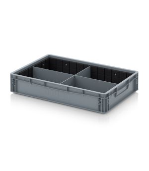 Eurobehälter mit Quer- und Längsteiler EG GEF QLT 6412 HG in silbergrau (RAL 7001), 600 × 400 mm