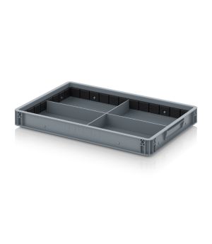 Eurobehälter mit Quer- und Längsteiler EG GEF QLT 6475 HG in silbergrau (RAL 7001), 600 × 400 mm